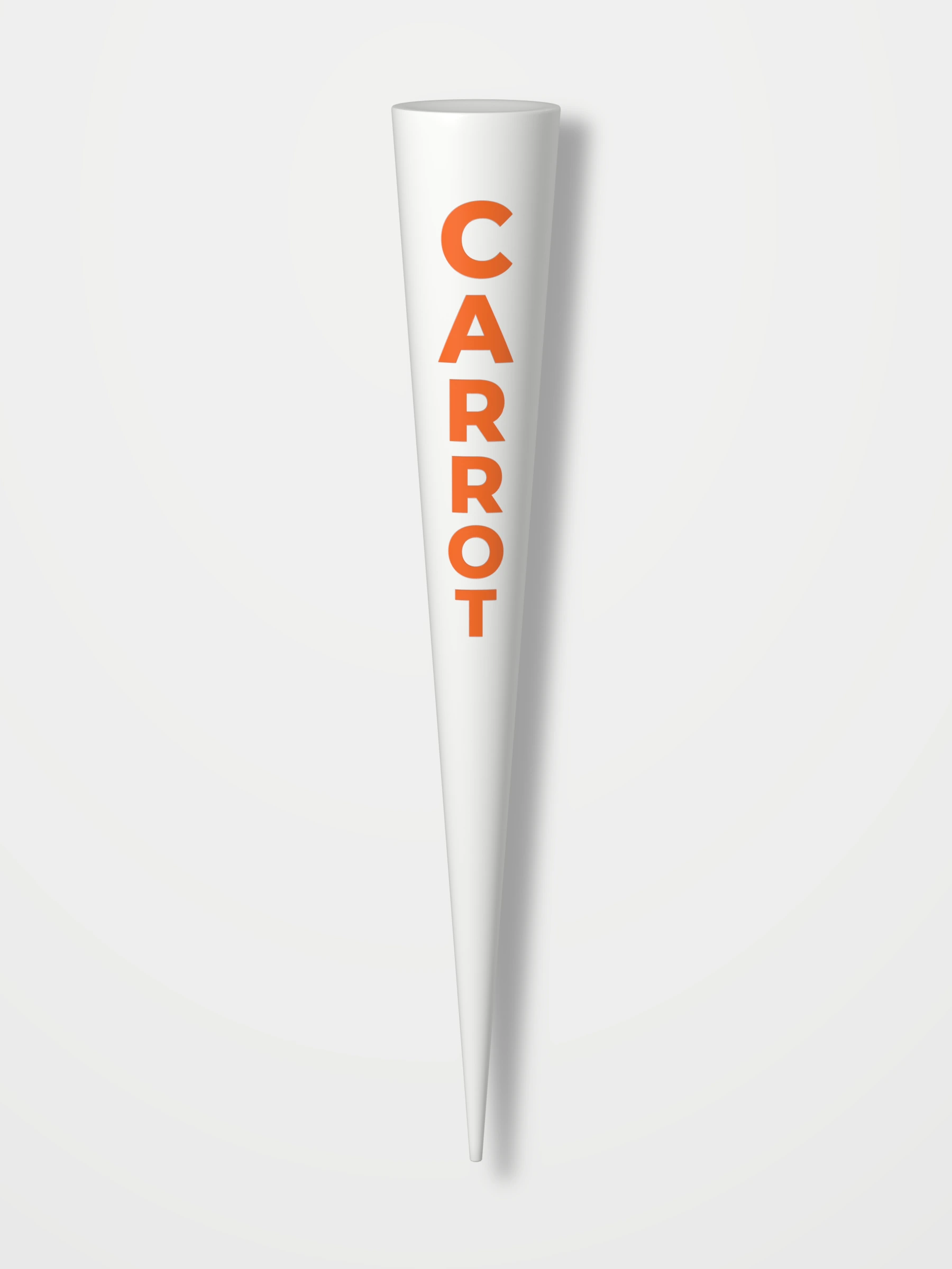Concept render of the white tee with orange letters C, A, R, R, O, T stacked top to bottom